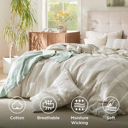 Bedsure PureWoven Boho Striped Cotton Waffle Duvet Cover Set, Queen, Linen