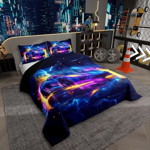 Erosebridal Neon Race Car Bed for Boys,Cool Watercolor Sports Car Comforter Toddler Size for Kids Boys Girls,Extreme Sports Car Racing Games Bedding Sets,Teal Blue Lightning Duvet Insert,Purple Blue