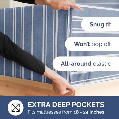 CGK Linens Extra Deep Split King Fitted Sheet Only - Blue Stripes