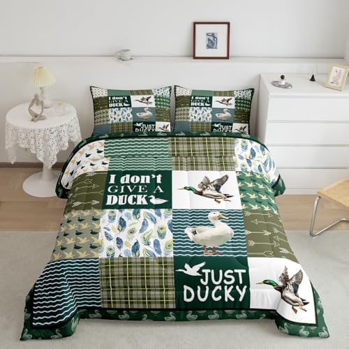 Feelyou Duck Hunting Bedding Set Retro Wild Duck King Comforter Set Teen Boys Men,Wildlife Animal Mallard Duck Bed Comforter Hunting Green Plaid Quilt Duvet Insert for Hunter with 1 Pillow Cases