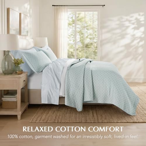 EVERGRACE 100% Cotton Cross Stitch 3-Piece Quilt Set, Queen, Seafoam Aqua