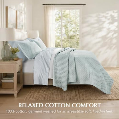 EVERGRACE 100% Cotton Cross Stitch 3-Piece Quilt Set, Queen, Seafoam Aqua