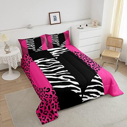 Castle Fairy Girls Leopard Zebra Comforter Set Queen Size Pink Wild Animals Fur Bedding Sets 3pcs for Kids Women Youth Room Decor Romantic Heart Abstract Quilted Duvet Patchwork Bedspread