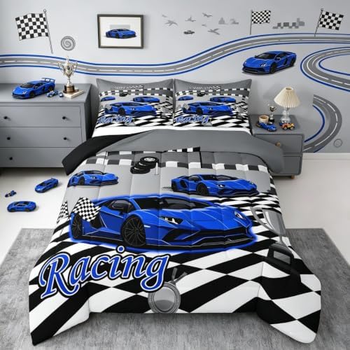 Feelyou Boys Race Car Comforter Set All Season Sports Racing Car Bedding Set with 2 Pillow Cases Extreme Sports Microfiber Kids Full Bedclothes Bedroom Decor Duvet Quilt Breathable Soft Lightweight
