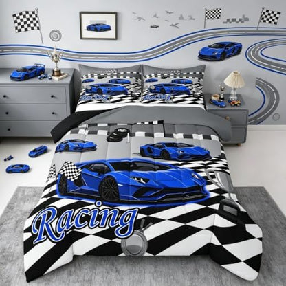 Feelyou Boys Race Car Comforter Set All Season Sports Racing Car Bedding Set with 2 Pillow Cases Extreme Sports Microfiber Kids Full Bedclothes Bedroom Decor Duvet Quilt Breathable Soft Lightweight