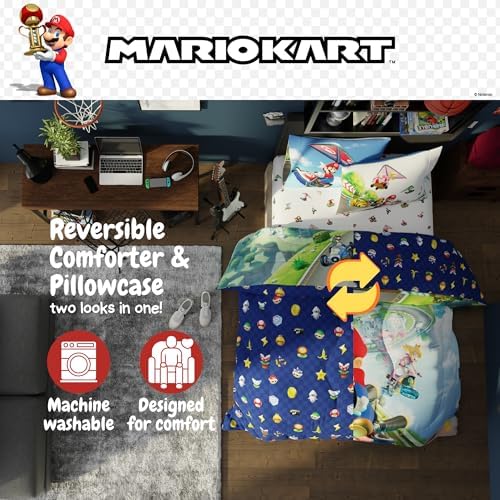 Super Mario Kart Game Kids Bedding Set, Twin Size, 4-Piece Super Soft Cozy Reversible Comforter & Sheet Set (Officially Licensed Product) by Franco