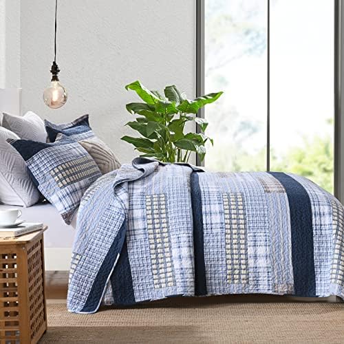 Finlonte Quilt Queen Size 100% Cotton Queen Size Quilts Blue Beige White Bedspreads Plaid Quilts Lightweight Soft Breathable Bedding Sets for All Season, 3 Piece
