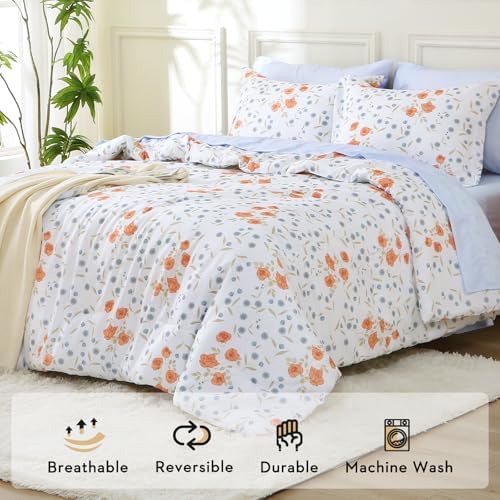 MUXHOMO Orange Blossom Bed in a Bag Queen 7 Pieces, Queen Comforter Set Reversible Botanical Flowers Design, Ultra Soft & Breathable Bedding Sets with Comforter, Sheets, Pillowcases & Shams