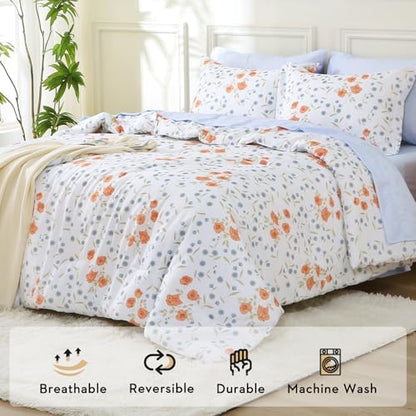 MUXHOMO Orange Blossom Bed in a Bag Queen 7 Pieces, Queen Comforter Set Reversible Botanical Flowers Design, Ultra Soft & Breathable Bedding Sets with Comforter, Sheets, Pillowcases & Shams