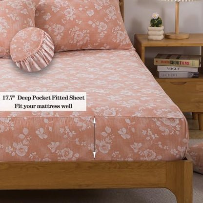 FADFAY King Sheets Set 100% Cotton Washed Double Gauze Muslin Bedding 4Pcs Vintage Coral Rose Floral Sheets Shabby Farmhouse Bedding Luxury Super Soft Breathable Deep Pocket Fitted Sheet, King Size