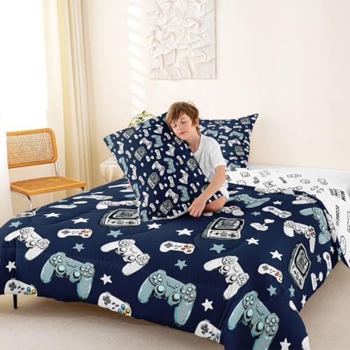 Castle Fairy Gamepad Comforter Set King Size,Video Gaming Blue Down Alternative Adults Bedroom Decor,Kids Games Consoles Ultra Soft Microfiber Inner Fill 3 Pcs Bedding