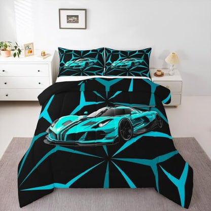 Castle Fairy Teal Speed Race Car Comforter Set Toddler Size,Extreme Sport Theme Abstract Geometric Lines Bedding Set,Kids Teens Adult Room Decor,Racing Car Down Comforter,2 Pcs 1 Pillowcase
