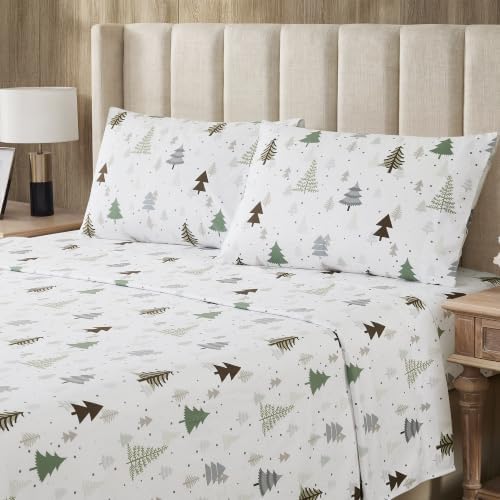 Sweet Home Collection Flannel Christmas Sheet Set, Lodge Christmas Trees Twin, Deep Pocket Soft Brushed Microfiber Holiday Bedding with Fitted Sheet, Flat Sheet & Pillowcase(s)