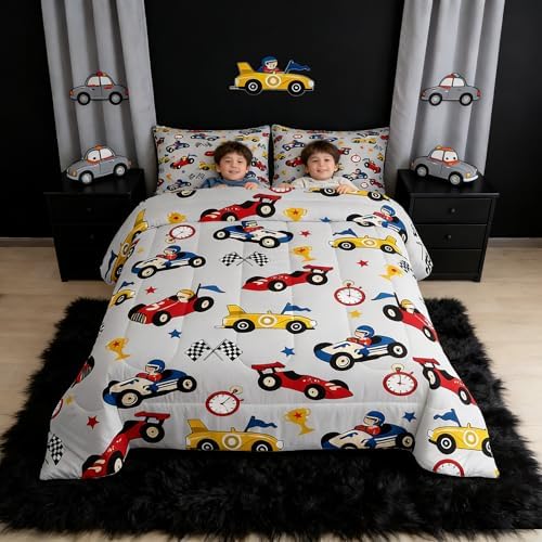 Feelyou Kids Cartoon Car Comforter Set King Size Racing Car Bedding for Boys Girls Room Game Decor Soft All Season