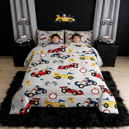 Feelyou Kids Cartoon Car Comforter Set King Size Racing Car Bedding for Boys Girls Room Game Decor Soft All Season