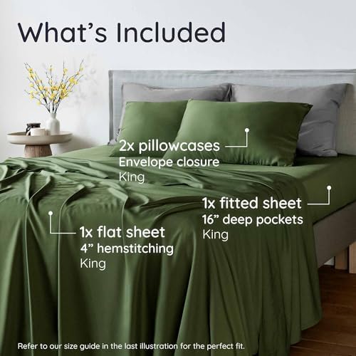 Bambaw 100% Viscose Derived from Bamboo Sheets King Size Set – 4pcs Cooling Deep Pocket King Sheet Set, Fits Up to 16'' with Elastic Corner Straps, Super Soft Sheets, Luxury Bedding (Olive)