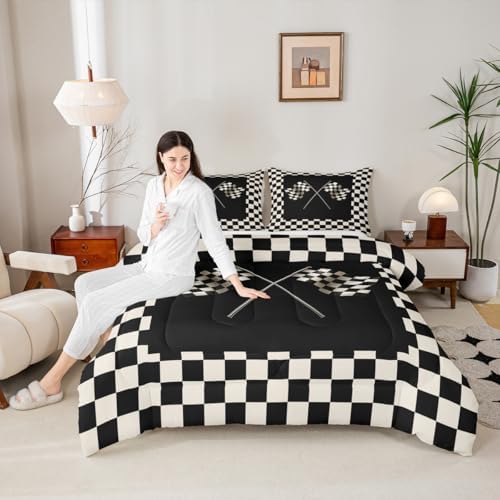 Castle Fairy Black White Comforter Set Queen Size Racing Car Bedding Set for Kids Boys Girls Bedroom Decoration Checkered Squares Bed Duvet Insert Extreme Sports Comforter with 2 Pillowcase