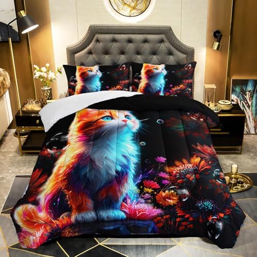 Cartoon Kawaii Cat Comforter Set Full Size 3D Animals Flower Toddler Bedding Set Cat Lovers Animal Bubble Design Quilt Bed Set for Girls Kids Teens
