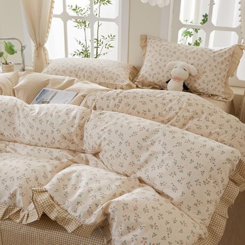 mixinni Beige Floral Duvet Cover Twin Size, 100% Cotton Cute Strawberry Floral Ruffle Bedding Set, Vintage Cottagecore Reversible Tan Gingham Aesthetic 3PC with Zipper Closure & Pillowcases