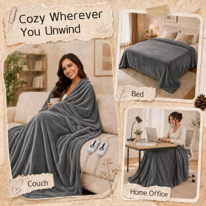 Electric Heated Blanket Queen Size 84"x90", Dual Controllers, Light Gray