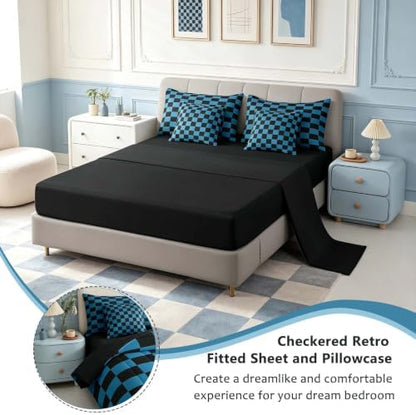 Feelyou Checkered 7 Piece Bedding Set Teen Blue Black Plaid Comforter Set with Sheets Twin Size Kids Boys Cute Retro Neutral Checkerboard Geometric Bed in a Bag Vintage Aesthetic Room Decor