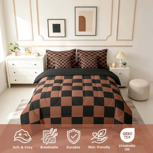 Feelyou Checkered 7 Piece Bedding Set Teen Brown Black Plaid Comforter Set with Sheets Full Size Kids Boys Cute Retro Neutral Checkerboard Geometric Bed in a Bag Vintage Aesthetic Room Decor