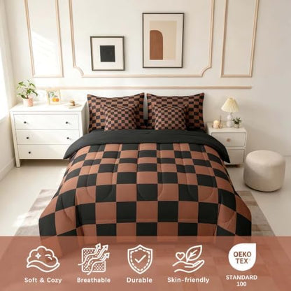 Feelyou Checkered 7 Piece Bedding Set Teen Brown Black Plaid Comforter Set with Sheets Full Size Kids Boys Cute Retro Neutral Checkerboard Geometric Bed in a Bag Vintage Aesthetic Room Decor