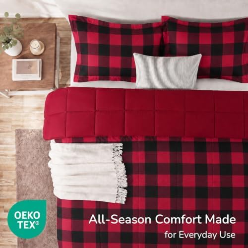 downluxe Lightweight Plaid Comforter Set (King) with 2 Pillow Shams - 3-Piece Set - Red/Black Plaid - Down Alternative Reversible Comforter