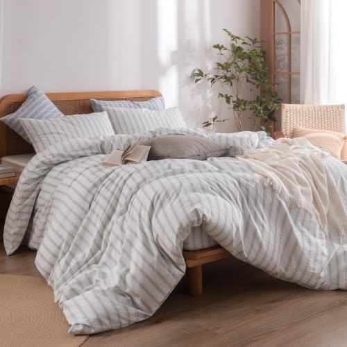 BESTOUCH Striped Cotton Duvet Cover Set Linen Feel Alaska King