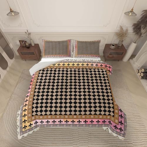 jejeloiu Geometric Checkerboard Comforter Set All Season Plaid Damask Floral Bedding Set with 2 Pillow Cases Check Checkered Microfiber Kids King Bedclothes Grid Bedroom Decor Duvet Quilt Breathable