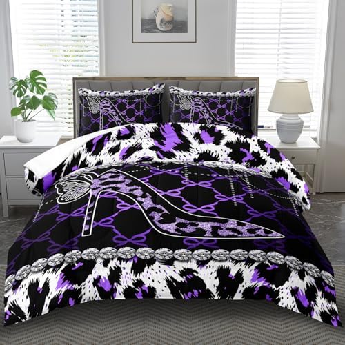 Purple Cheetah Print Comforter Set Twin Women Sexy High Heels Leopard Print Bedding Set Girls High Heels Leopard Comforter Quilt Animal Bedroom Decor Cheetah Bedding Bed Decor