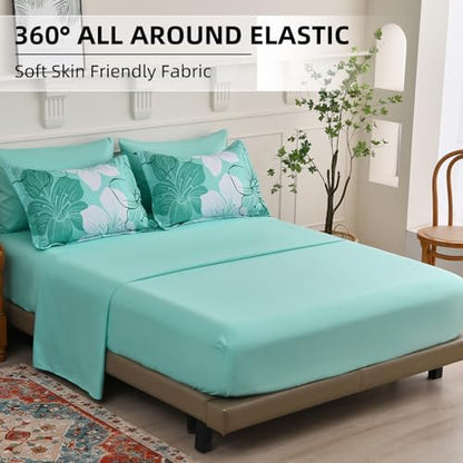 Luxudecor King Size Comforter Set, 7 Pieces Aqua Floral Bed in a Bag