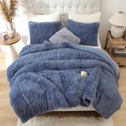 Smoofy Fluffy Queen Comforter Set, Infinite Blue Faux Fur Comforter 3 Pcs