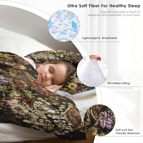 Pamnest Comforter Set Full Size, Vintage Flower Plants Soft 3 Pcs Bedding for Kids and Adults, Skull Moth Witch Comforter Set with 2 Pillowcases, for Bedroom Bed Decor