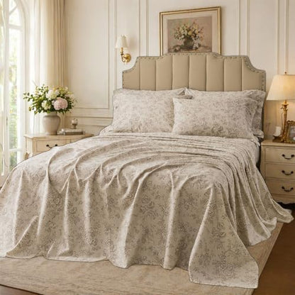 FADFAY Luxury 100% Percale Cotton Twin XL Sheets for College Dorm – Vintage Botanical Floral Bedding, Crisp Cool Breathable Bed Sheets, Deep Pocket Fitted Sheet, French Country Style, 4 Piece Set