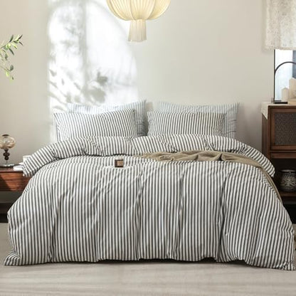 FOSSA Striped Duvet Cover Set 100% Washed Cotton Linen Feel Oversized Queen
