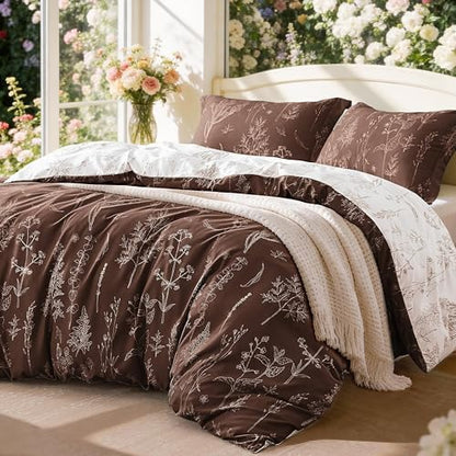 Love's cabin Chocolate Full Comforter Set - Full Size Comforter Set, 3 Pieces Cute Floral Bedding Sets for All Seasons,1 Soft Reversible Botanical Flowers Comforter and 2 Pillow Shams