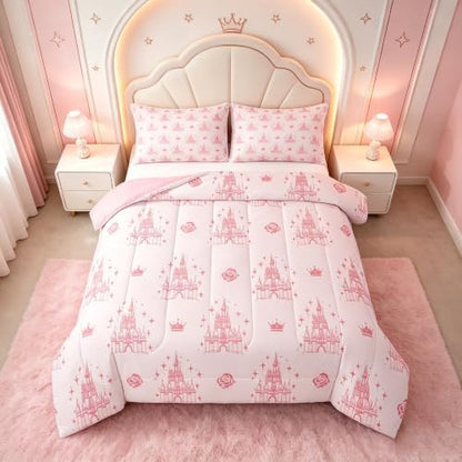Manfei Dreamy Castle Comforter Set Toddler Size, Pink Floral Crown Print Bedding Set 2pcs, Cute Magical Princess Down Comforter All Season, Kids Girls Room Decor, Soft and Breathable, 1 Pillowcase