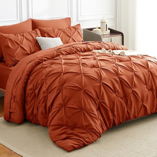 HIMEET Queen Comforter Set Burnt Orange - 7 Pieces Pintuck Bed in a Bag