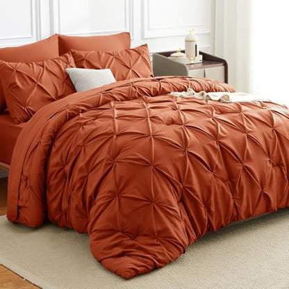 HIMEET Queen Comforter Set Burnt Orange - 7 Pieces Pintuck Bed in a Bag
