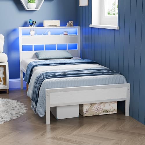 Furnulem Twin Bed Frames with Storage Headboard, Charger & RGB LED, White
