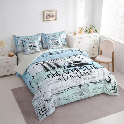 Erosebridal 7Pcs Camper Decorations Bedding Set for Boys Twin Size, Happy Camping Comforter Set, Boho Sun Moon Bedding Comforter Sets, Vintage Wooden Planks Sheet Set Rustic Farmhouse Decor, Blue