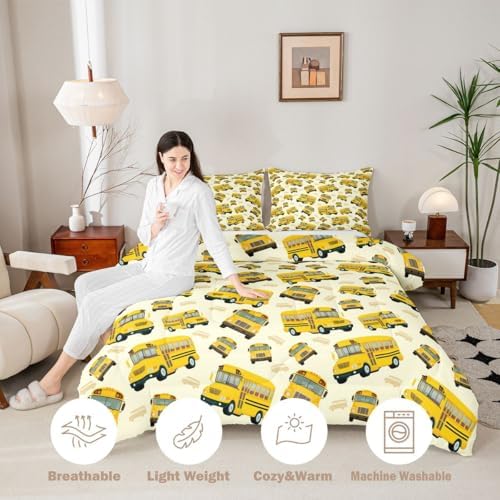 Feelyou Yellow School Bus Comforter Set Full Size Cartoon Truck Bedding Set for Kids Boys Girls Transport Vehicles Duvet Quilt Bedroom Decor Microfiber 3 Pcs with 2 Pillow Cases