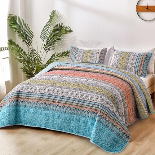 WONGS BEDDING Boho Quilts Queen Size, 3 Pieces Soft Bedspread, Pink Blue