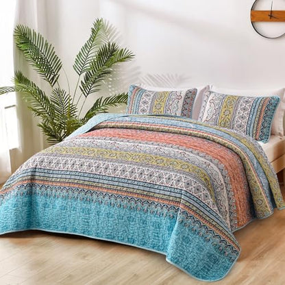 WONGS BEDDING Boho Quilts Queen Size, 3 Pieces Soft Bedspread, Pink Blue