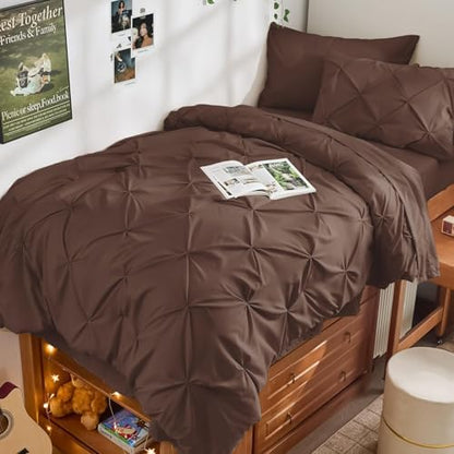 JOLLYVOGUE Twin Comforter Set 5 Pieces - Bed in a Bag Twin for All Season, Pintuck Bedding Comforter Sets with Comforter, Flat Sheet, Fitted Sheet and Pillowcases & Shams, Dark Brown