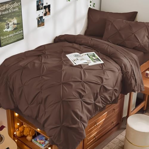 JOLLYVOGUE Twin XL Comforter Set 5 Pieces - Bed in a Bag Twin XL for All Season, Pintuck Bedding Comforter Sets with Comforter, Flat Sheet, Fitted Sheet and Pillowcases & Shams, Dark Brown