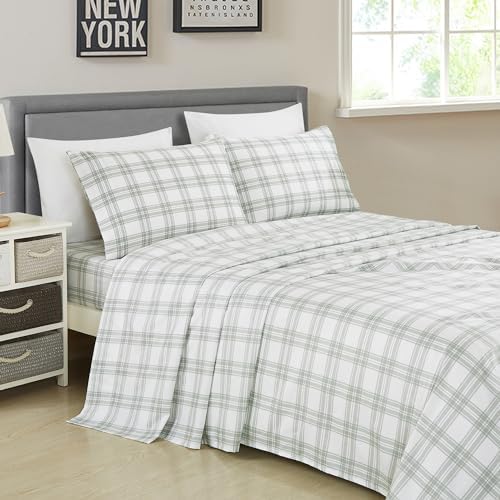 Chezmoi Collection 4-Piece Lodge Plaid Sheet Set King Size - Gray White Plaid Stripe Printed Brushed Microfiber Lightweight Breathable Deep Pocket Bed Sheets
