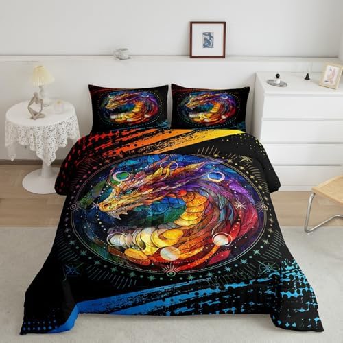 Feelyou Dragon Comforter Set Queen Size Dragon Stuff Comforter for Boys Girls Teens Wild Life Bedding Set Dragon Decor Duvet Set Room Decor Black Orange Yellow Quilt Set