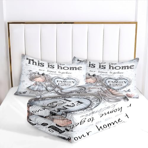 CCoutueChen Princess Bedding Sets Queen Size, Silver Glitter Girl Butterfly Hearts Comforter for Girls, Warm Microfiber Shabby Chic Bed Set with 2 Pillowcases, 90"x90"